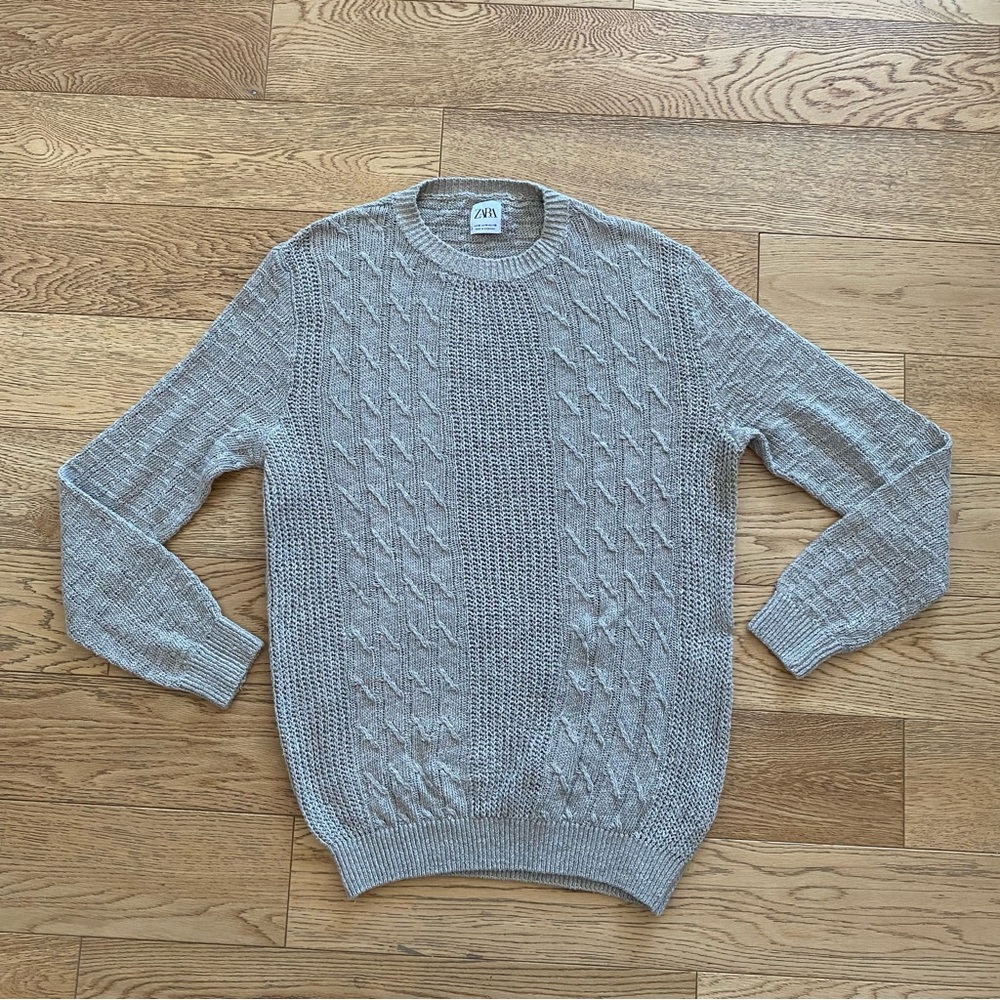 Zara Linen Cableknit Crewneck Sweater Quiet Luxury Preppy M Fashion JFK